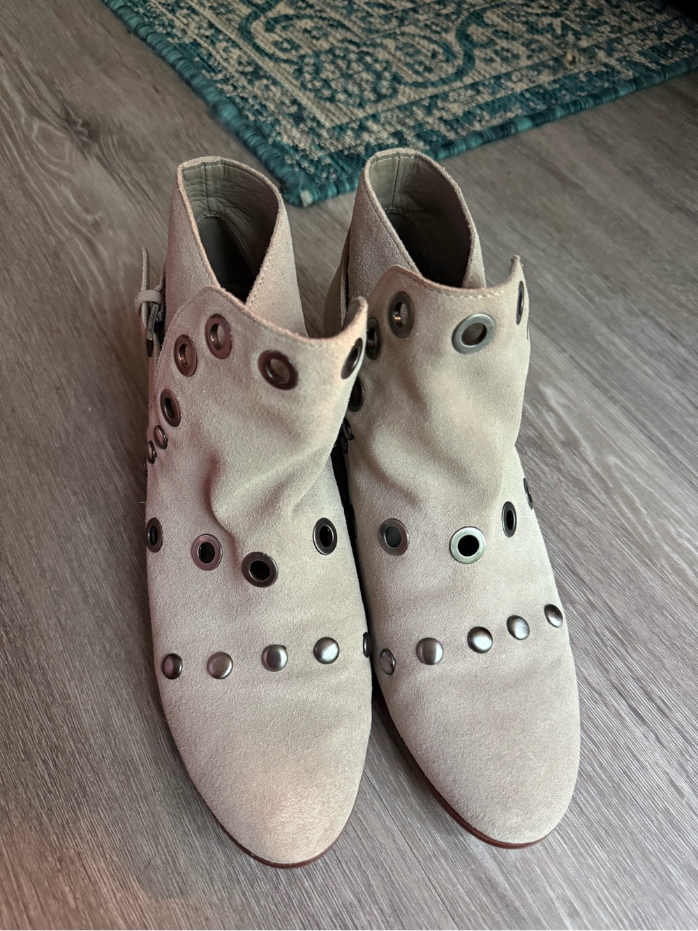 Sam Edelman Pedra Putty Taupe Suede Ankle Booties with Grommet Accents Festival
